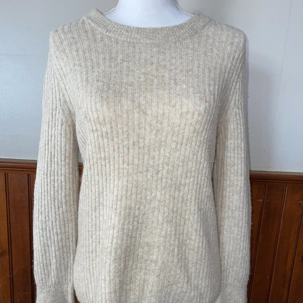 Women's Madewell Light Beige Ribbed Knit Bell Sleeve‎ Scoop Neck Stretch Sweater